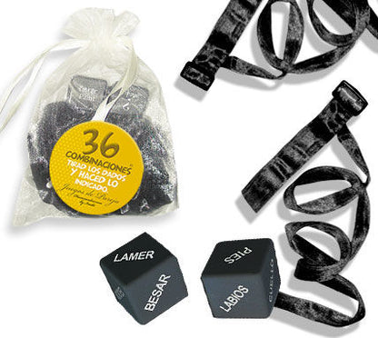 Inedit bondage kit with restraints, dice and organza bag