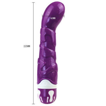 A purple, silicone vibrator with a curved design, featuring a white base and buttons. The vibrator appears soft and flexible with a smooth surface.  Target your pleasure with Baile Realistic Cock G-Spot Sensation. Soft silicone, 10 vibration rhythms, powerful tip motor. Ships UK & EU. Order now!