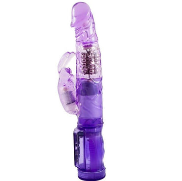 A purple, mini vibrator with a curved design and additional stimulator, featuring a transparent section showcasing internal mechanics. Enjoy 20 vibration modes with Baile Mini Happy Rabbit Vibrator. Soft gelatin, clitoral stimulator, waterproof. Ships UK & EU. Order now!