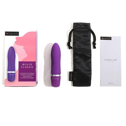 Experience versatile pleasure with the B Swish Bcute Clitoral Stimulator. Compact, submersible, and made with silky silicone. Adjustable vibrations in blue, pink, or purple.4