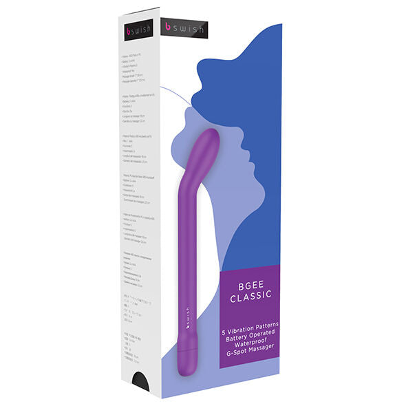 Discover intense pleasure with B Swish Bgee G-Spot Massager. 5 functions, angled tip, silky silicone, waterproof design, and 18cm length. Available in black, blue, and purple.1