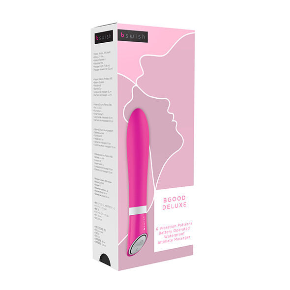 Explore ultimate pleasure with B Swish Deluxe Vibrator. Smooth silicone, 6 vibration modes, waterproof design, and easy controls. Available in pink and orange.4