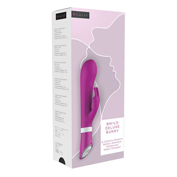 Experience dual pleasure with the Bwild Deluxe Bunny Rabbit Vibrator. 6 vibration modes, waterproof, body-safe silicone, and dual motors for intense stimulation.7