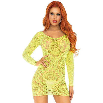 Leg Avenue - Crochet Lace Long Sleeve Mini Dress Neon One Size