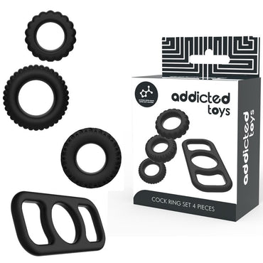 Discover longer-lasting erections and intense pleasure with the Addicted Toys Cock Ring Set. Four flexible, body-safe rings offer customizable options for ultimate satisfaction.