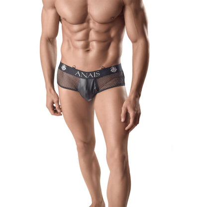 Anais Men Ares Jock Bikini combines black mesh and leather in a daring, butt-exposing design that fits perfectly to the body for bold, sensual confidence.1