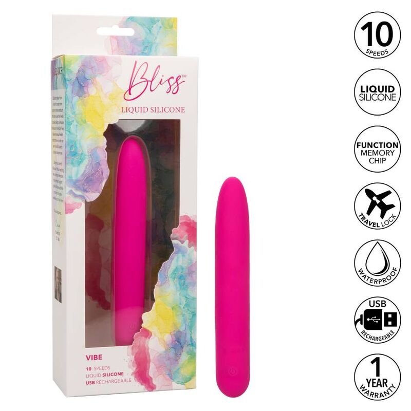 CalExotics Bliss Silicone Vibrator offers 10 speeds, a seamless soft tip, liquid silicone design, USB recharge, and memory chip for smooth, powerful pleasure sessions.3
