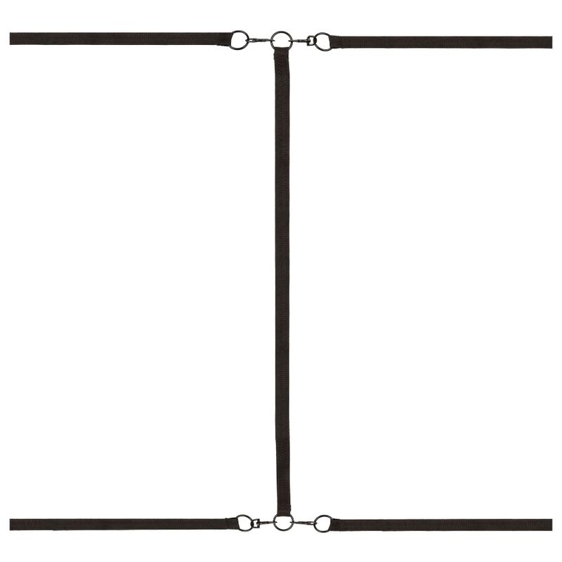 CalExotics Boundless Bed Restraint features 4 adjustable cuffs, under-bed tethers, plush lining, and swivel clasps for comfortable and secure bondage play.3