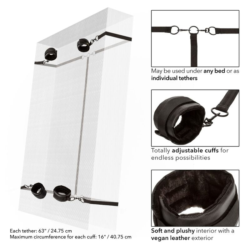 CalExotics Boundless Bed Restraint features 4 adjustable cuffs, under-bed tethers, plush lining, and swivel clasps for comfortable and secure bondage play.5