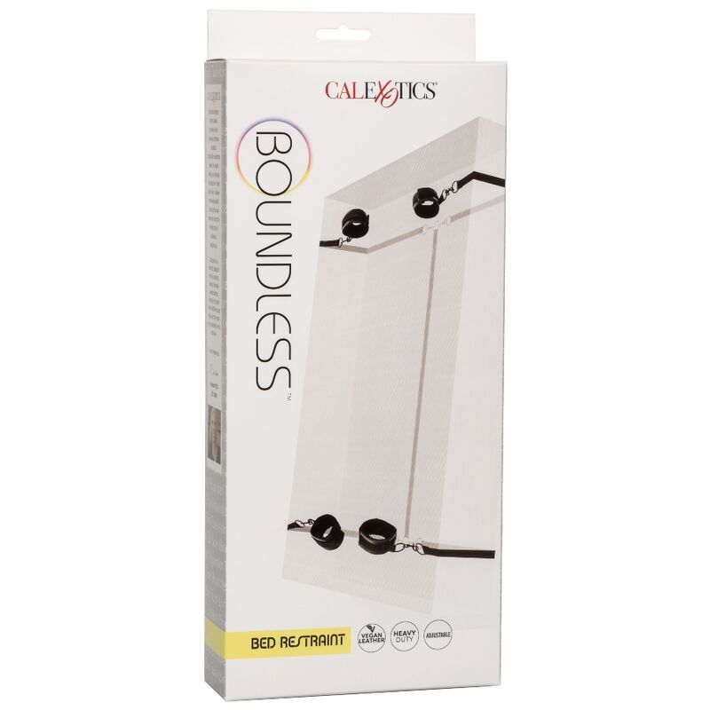 CalExotics Boundless Bed Restraint features 4 adjustable cuffs, under-bed tethers, plush lining, and swivel clasps for comfortable and secure bondage play.6