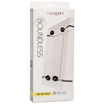 CalExotics Boundless Bed Restraint features 4 adjustable cuffs, under-bed tethers, plush lining, and swivel clasps for comfortable and secure bondage play.6