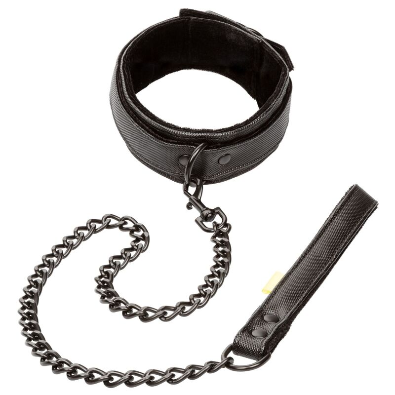 CalExotics Boundless Collar Leash features plush lining, vegan leather, detachable chain leash, and secure buckle for stylish, functional, body-safe restraint play.14