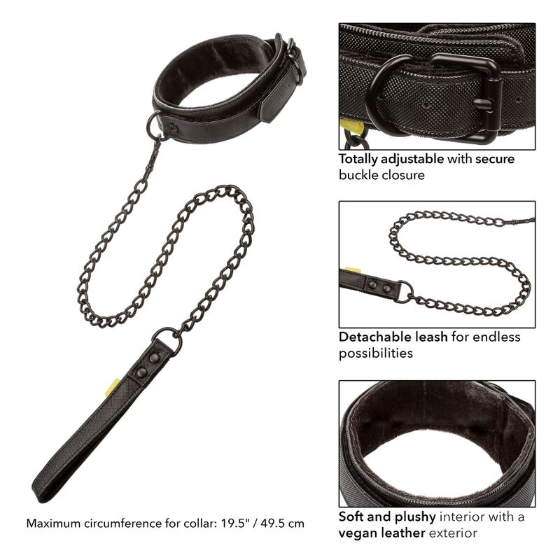CalExotics Boundless Collar Leash features plush lining, vegan leather, detachable chain leash, and secure buckle for stylish, functional, body-safe restraint play.1