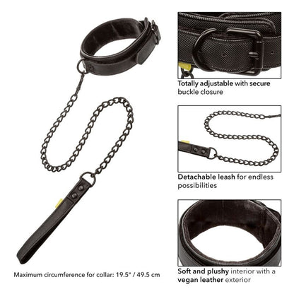 CalExotics Boundless Collar Leash features plush lining, vegan leather, detachable chain leash, and secure buckle for stylish, functional, body-safe restraint play.1