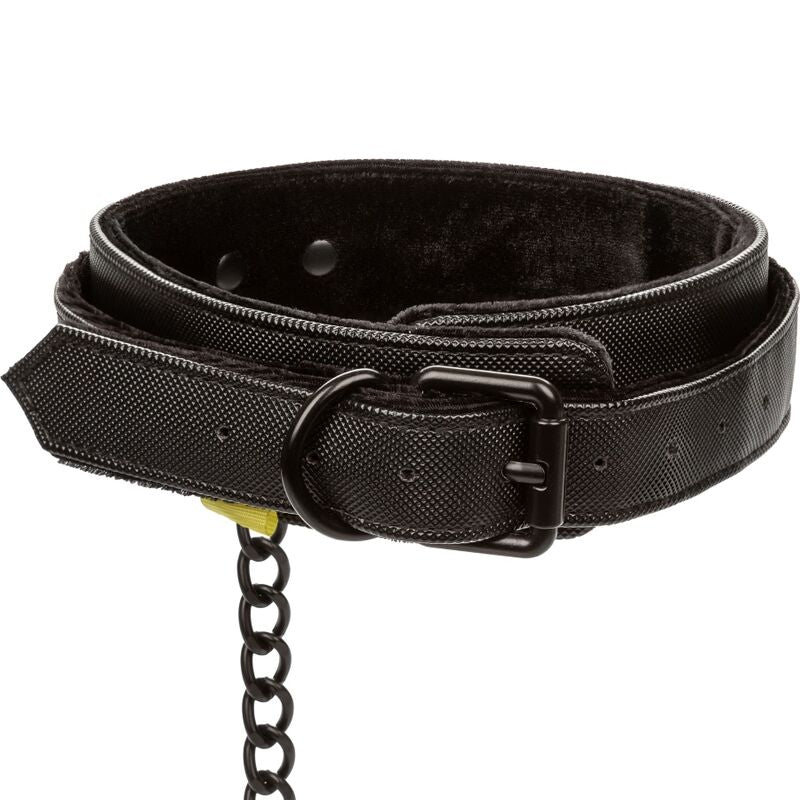 CalExotics Boundless Collar Leash features plush lining, vegan leather, detachable chain leash, and secure buckle for stylish, functional, body-safe restraint play.13