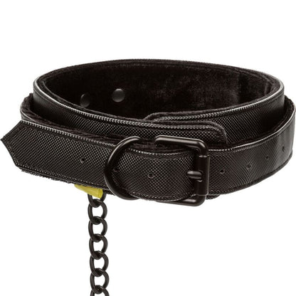CalExotics Boundless Collar Leash features plush lining, vegan leather, detachable chain leash, and secure buckle for stylish, functional, body-safe restraint play.13