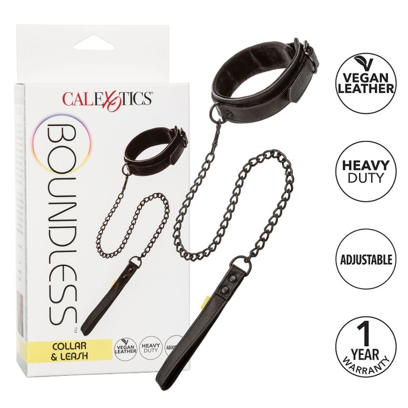 CalExotics Boundless Collar Leash features plush lining, vegan leather, detachable chain leash, and secure buckle for stylish, functional, body-safe restraint play.15