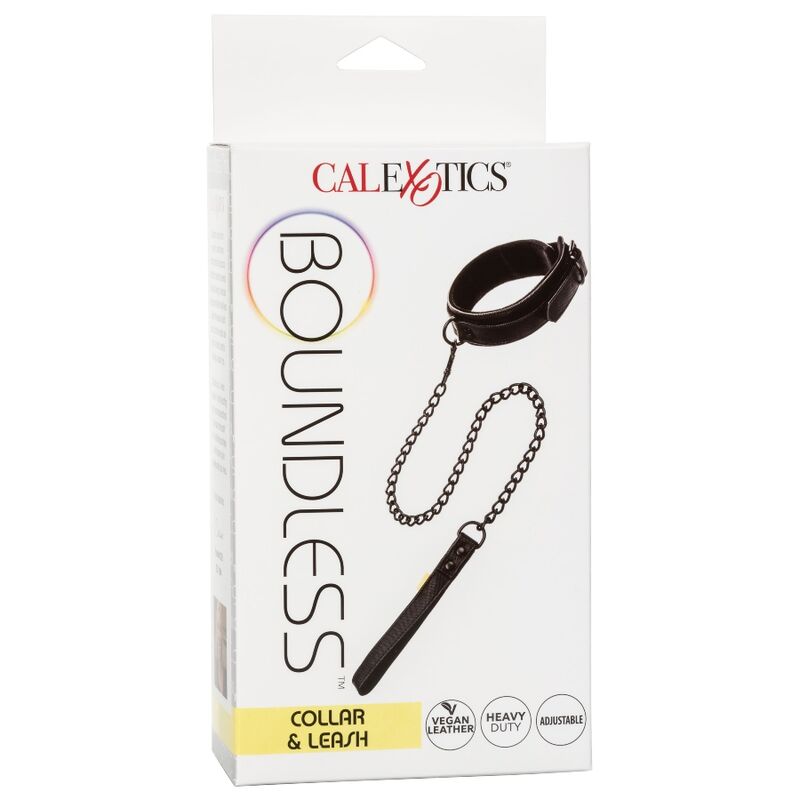 CalExotics Boundless Collar Leash features plush lining, vegan leather, detachable chain leash, and secure buckle for stylish, functional, body-safe restraint play.16