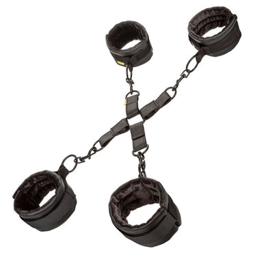 CalExotics Boundless Hog Tie features 4 adjustable cuffs, plush lining, vegan leather, and swivel clasps for safe, secure, and fully immersive bondage play.1