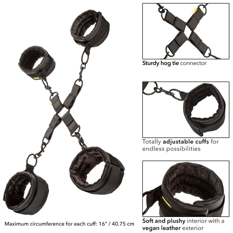 CalExotics Boundless Hog Tie features 4 adjustable cuffs, plush lining, vegan leather, and swivel clasps for safe, secure, and fully immersive bondage play.3