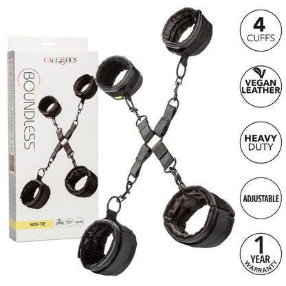 CalExotics Boundless Hog Tie features 4 adjustable cuffs, plush lining, vegan leather, and swivel clasps for safe, secure, and fully immersive bondage play.4