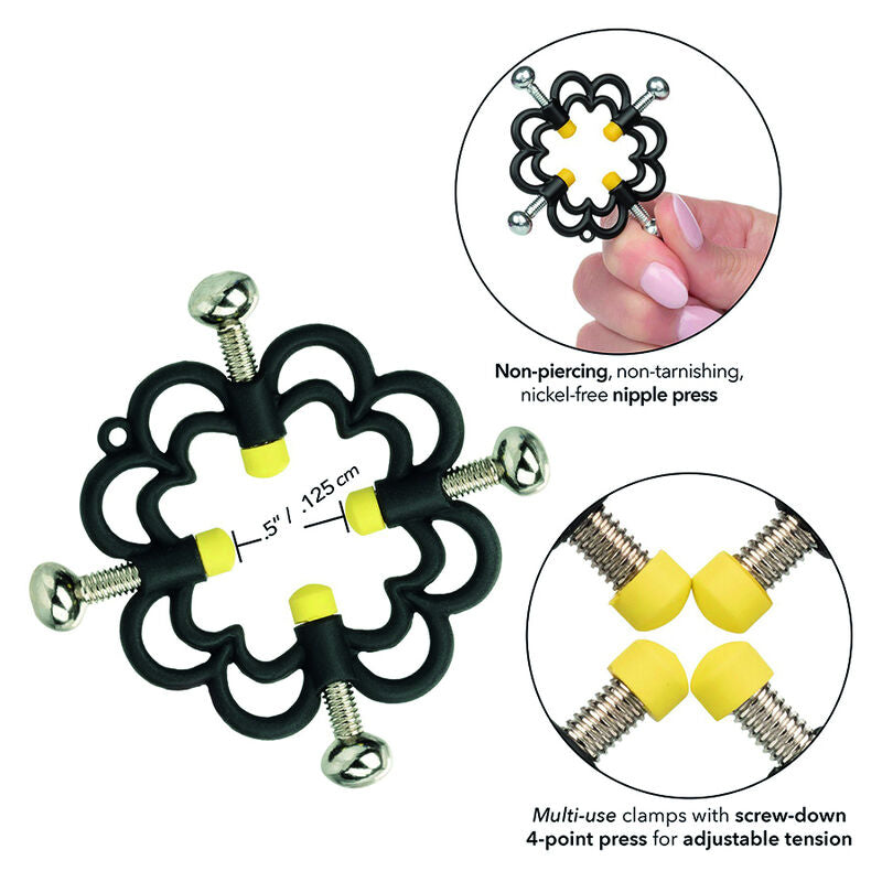 CalExotics Boundless Nipple Grips offer 4-point screw adjustment, nickel-free high-resistance metal, and electric grip tips for thrilling pain and pleasure play.6