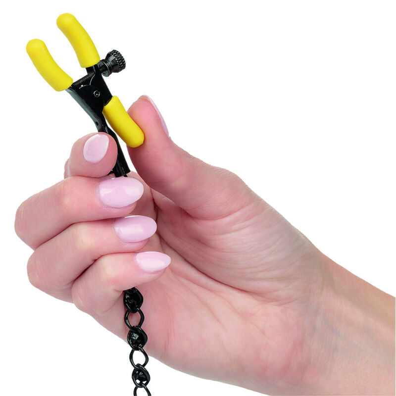 CalExotics Boundless Nipple Teasers offer adjustable clamps, soft silicone pads, a sensual crystal-inlaid chain, and body-safe design for heightened teasing pleasure.4