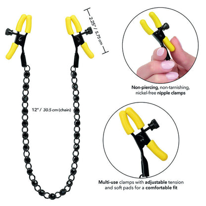 CalExotics Boundless Nipple Teasers offer adjustable clamps, soft silicone pads, a sensual crystal-inlaid chain, and body-safe design for heightened teasing pleasure.5