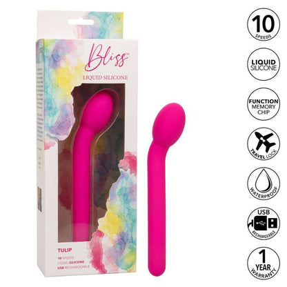 CalExotics G-spot Vibrator Stim offers 10 speeds, a rounded soft tip, liquid silicone body, USB recharge, and memory chip for intense internal and external pleasure.2