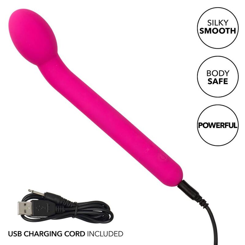 CalExotics G-spot Vibrator Stim offers 10 speeds, a rounded soft tip, liquid silicone body, USB recharge, and memory chip for intense internal and external pleasure.5