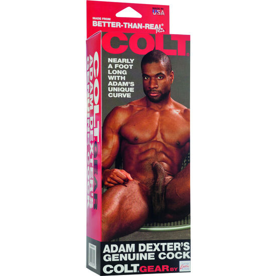 Colt Adam Dexter’s Cock is a life-size, ultra-realistic dildo with detailed veins, testicles, and a suction base, made from Better Than Real Plus material.2